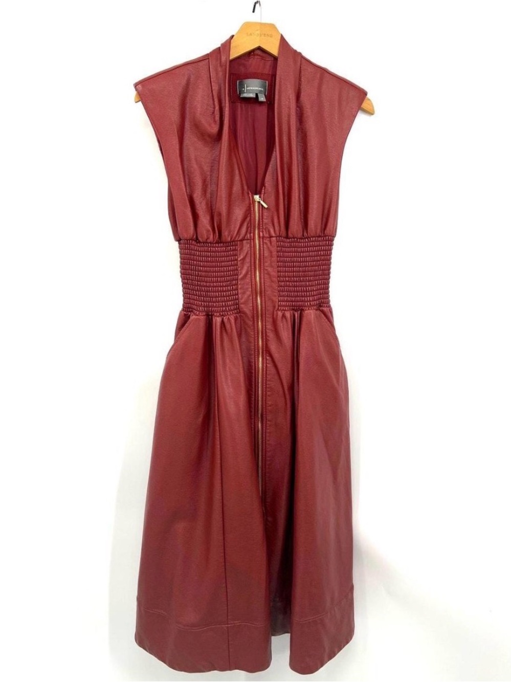Sleeveless Wine Red Faux Leather Midi Dress with Shirred Waist